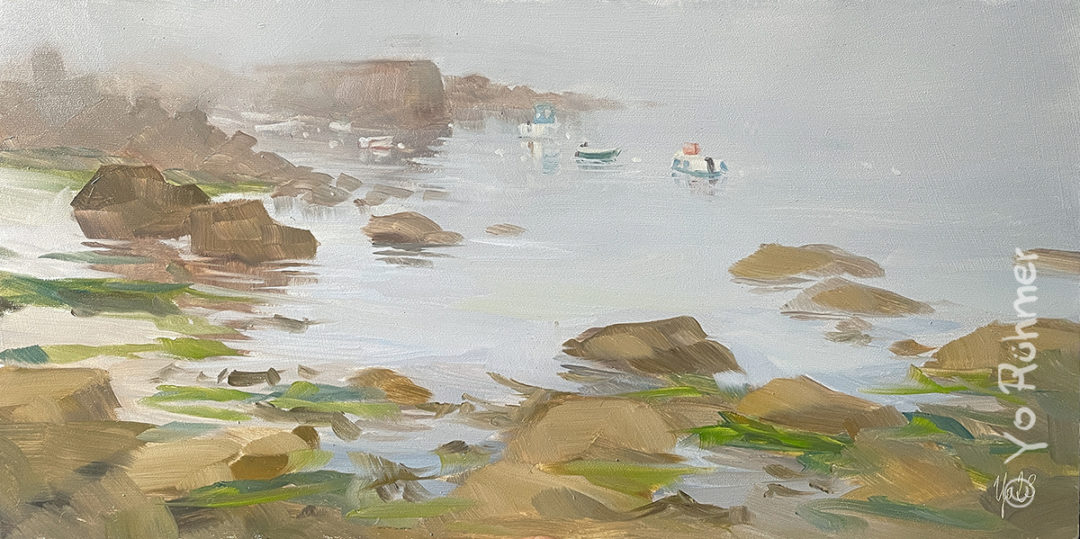 Bretagne-Boote-Felsen-Nebel-Pleinairmalerei -1156